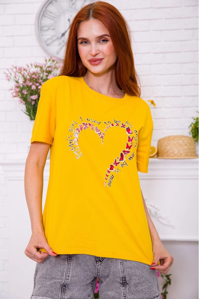Купити Гірчична жіноча футболка вільного крою з принтом 198R021 - Фото №1