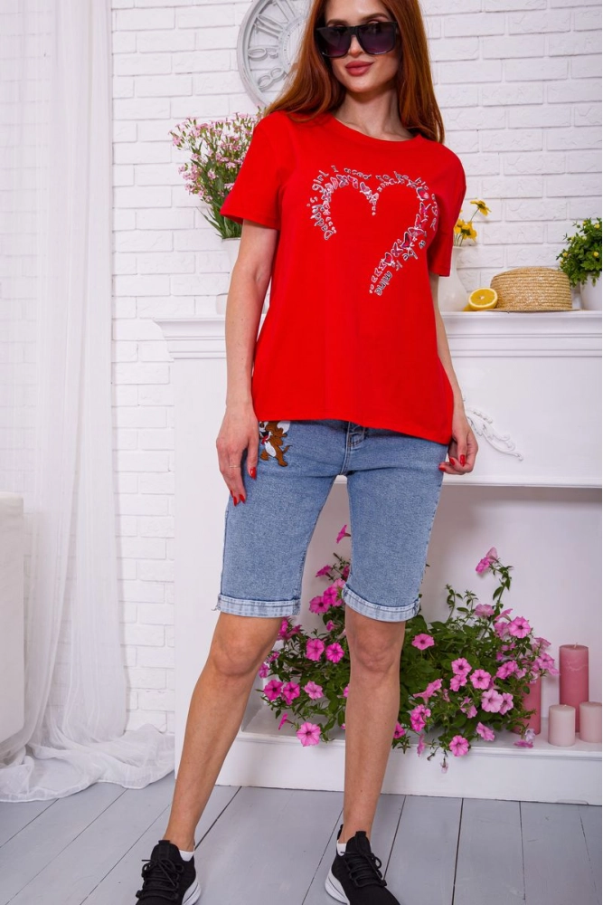 Купити Червона жіноча футболка вільного крою з принтом 198R021 - Фото №1