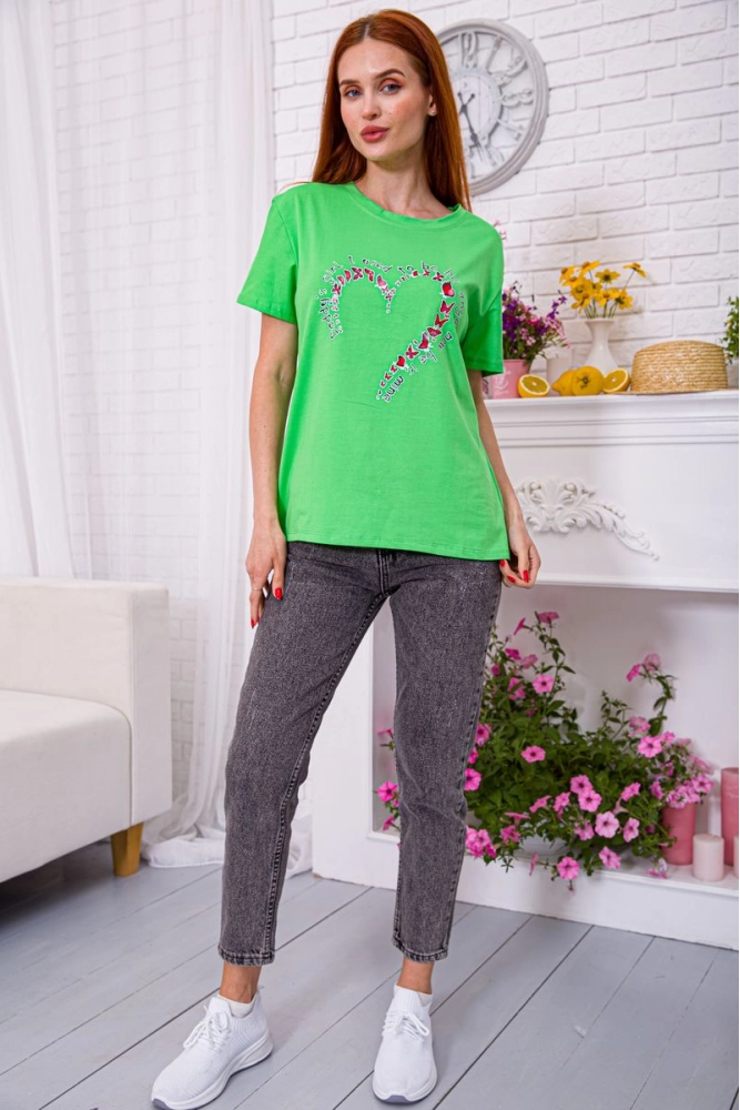 Купити Салатова жіноча футболка вільного крою з принтом 198R021 - Фото №1