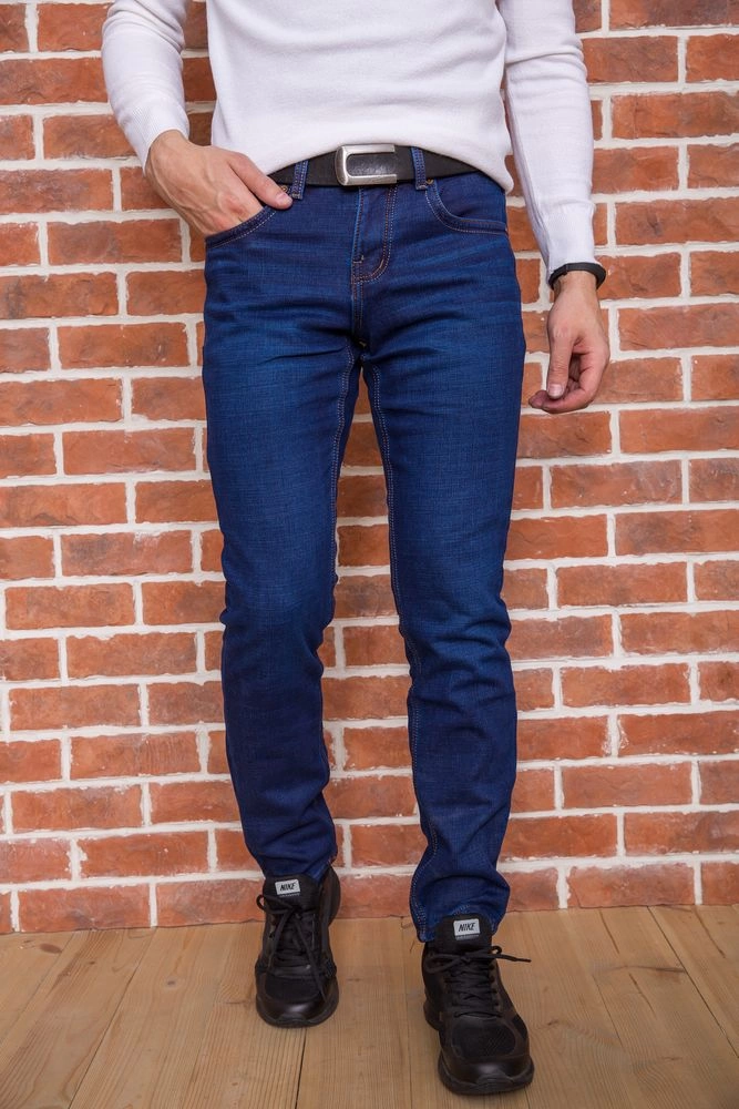 Купити Чоловічі прямі джинси на флісі темно-синього кольору 129R2137 - Фото №1