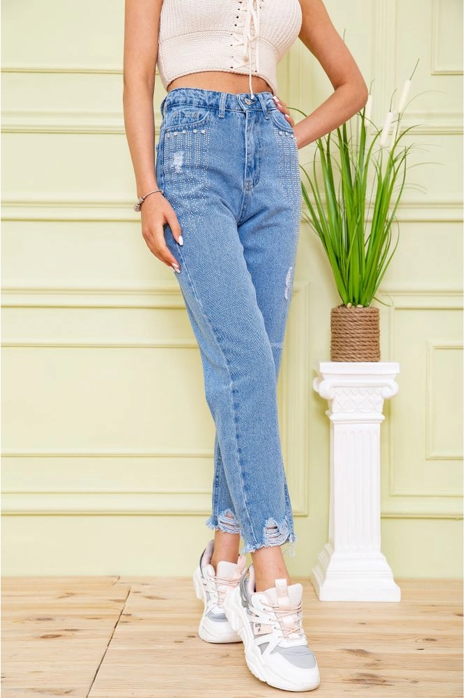 Купити Жіночі джинси на високій посадці блакитного кольору рвані 164R948 оптом - Фото №1