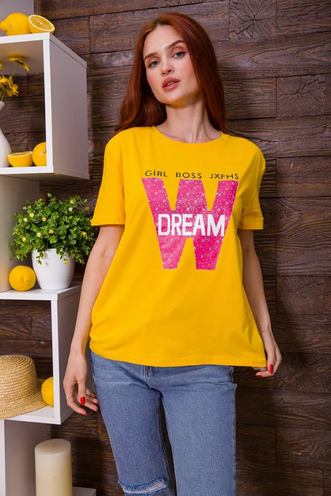Купити Жіноча гірчична футболка, з принтом, 198R012 - Фото №1