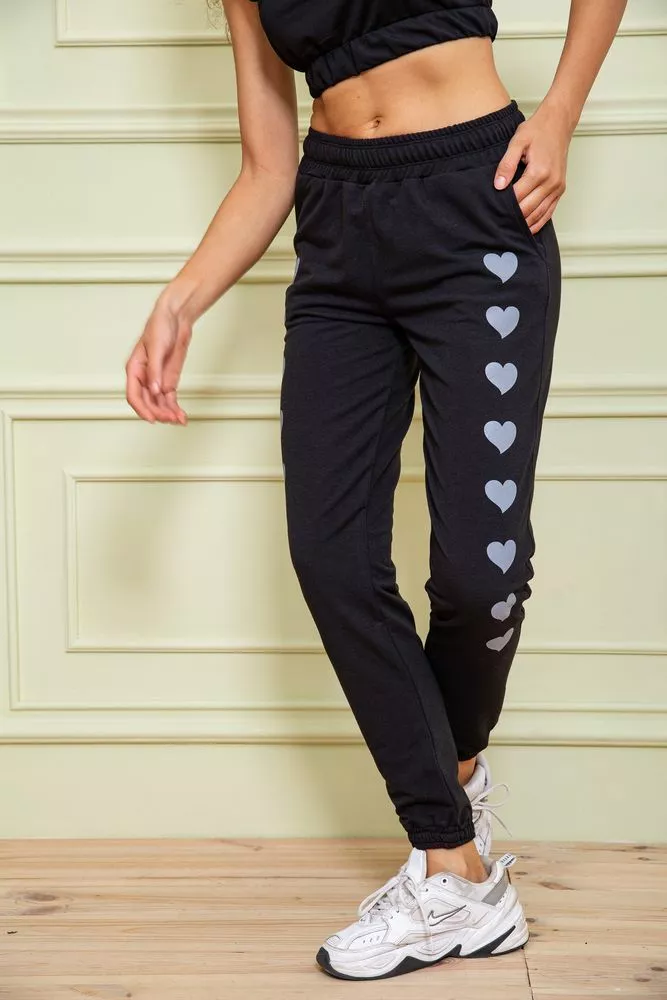 Купить Женские спортивные брюки, с принтом Сердце, цвет черный,  102R212 - Фото №1