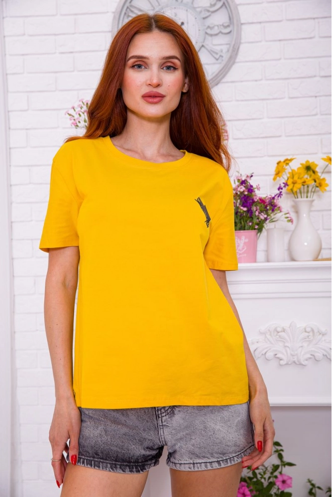 Купить Женская базовая футболка горчичного цвета с принтом 198R004 - Фото №1