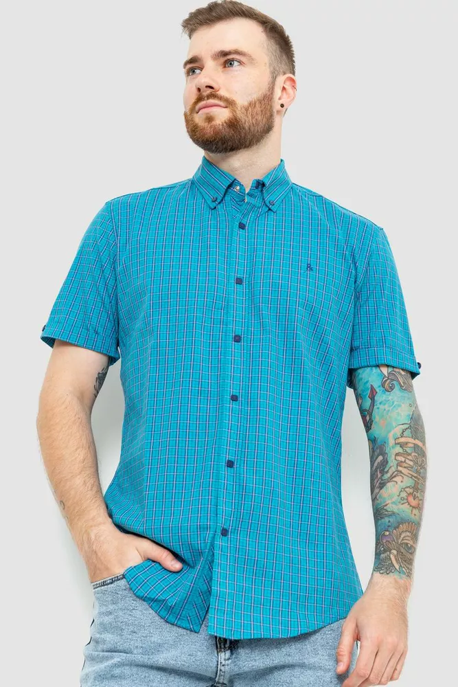 Купити Рубашка мужская в клетку, колір темно-бірюзовий, 214R2448 оптом - Фото №1