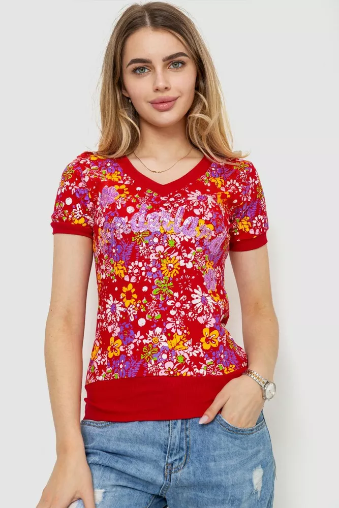 Купити Жіноча футболка яскрава з принтом, колір червоний, 244R386 - Фото №1