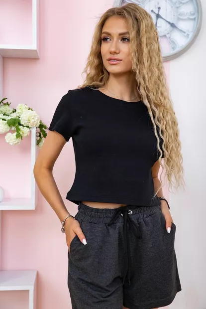 Вкорочена жіноча футболка, чорного кольору, 102R204