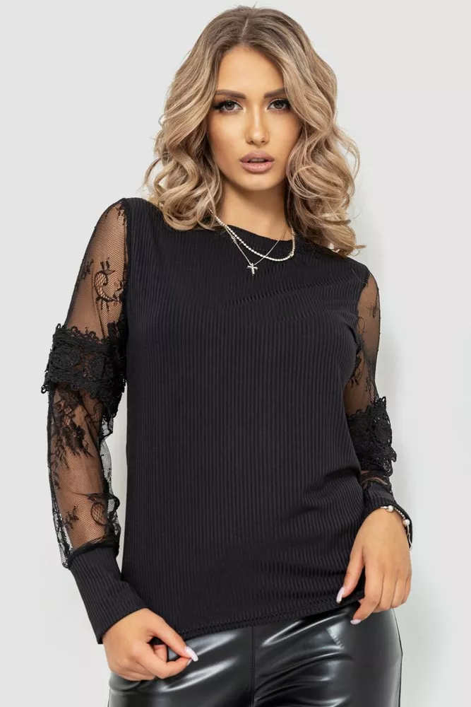 Купити Блуза жіноча ошатна в рубчик, колір чорний, 204R08 - Фото №1