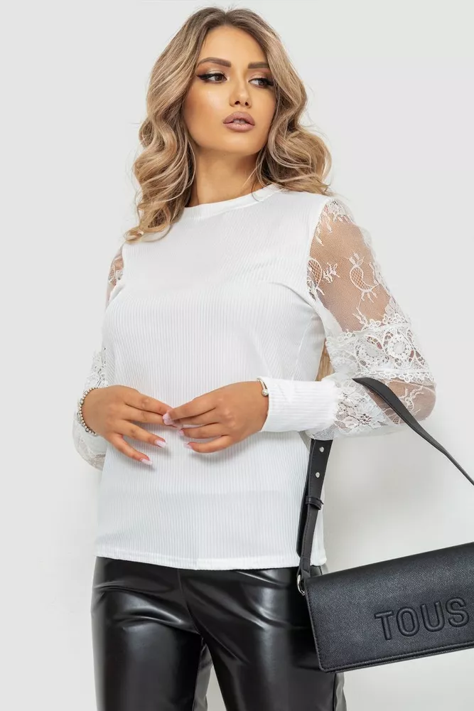 Купити Блуза жіноча ошатна в рубчик, колір білий, 204R08 оптом - Фото №1
