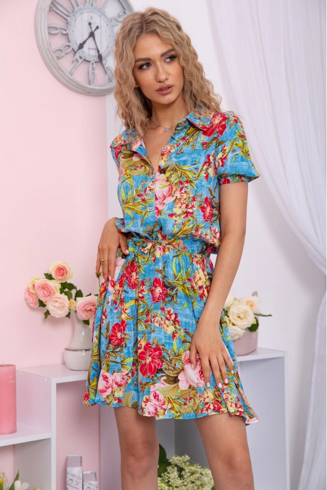 Купити Квітчаста літня сукня з поясом блакитного кольору 167R109 - Фото №1