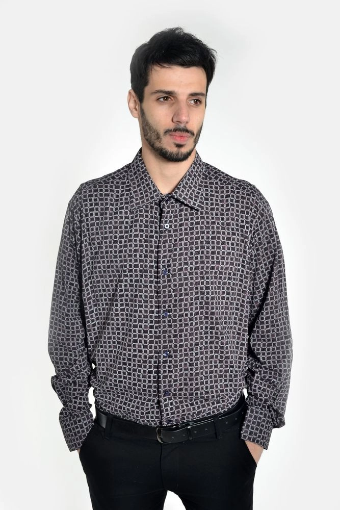 Купити Рубашка мужская черно-сиреневая, приталенная 0820-2 - Фото №1