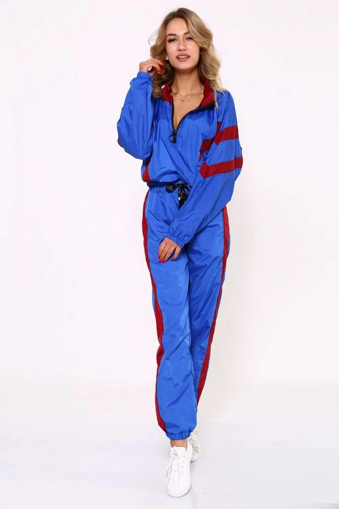 Купити Спортивный плащевый костюм женский свободного кроя, с зауженными брюками 103R8154 Сине-бордовый оптом - Фото №1