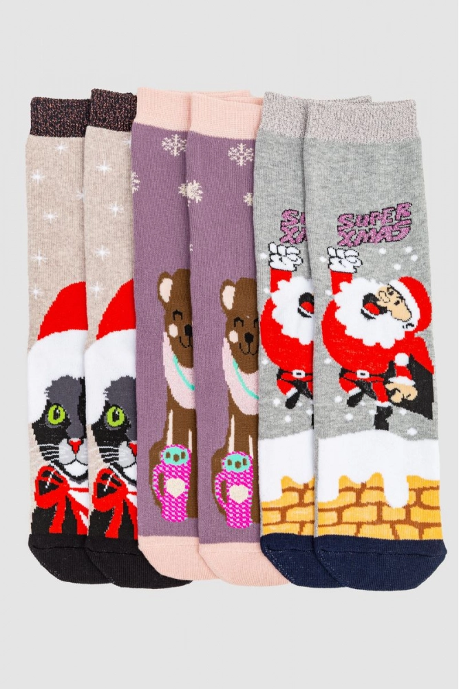 Купить Комплект носков женских новогодних 3 пары, цвет бежевый,светло-сливовый,светло-серый, 151R270 - Фото №1