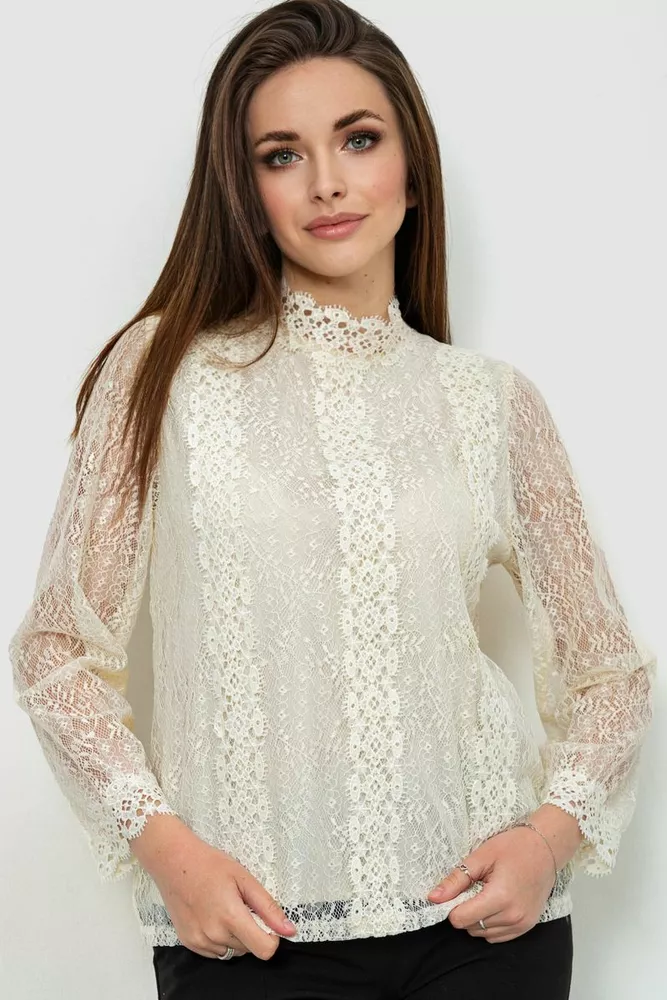 Купити Блуза жіноча класична гіпюрова, колір світло-бежевий, 204R154 - Фото №1
