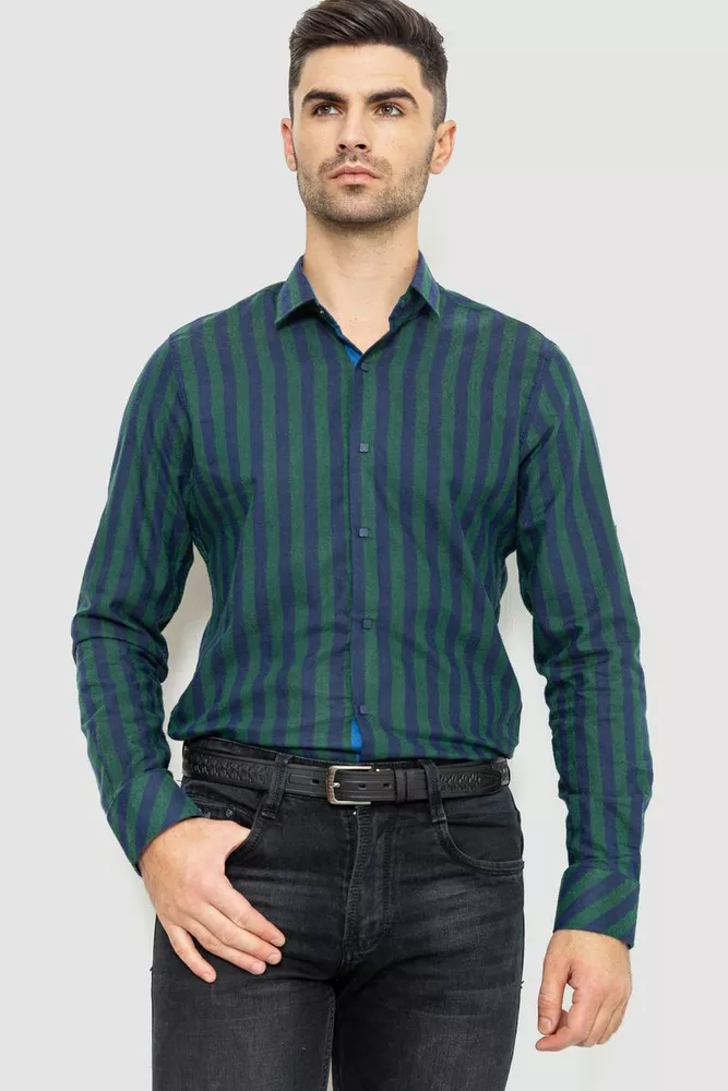 Купити Сорочка чоловіча в смужку байкова, колір зелено-синій, 214R61-95-001 - Фото №1