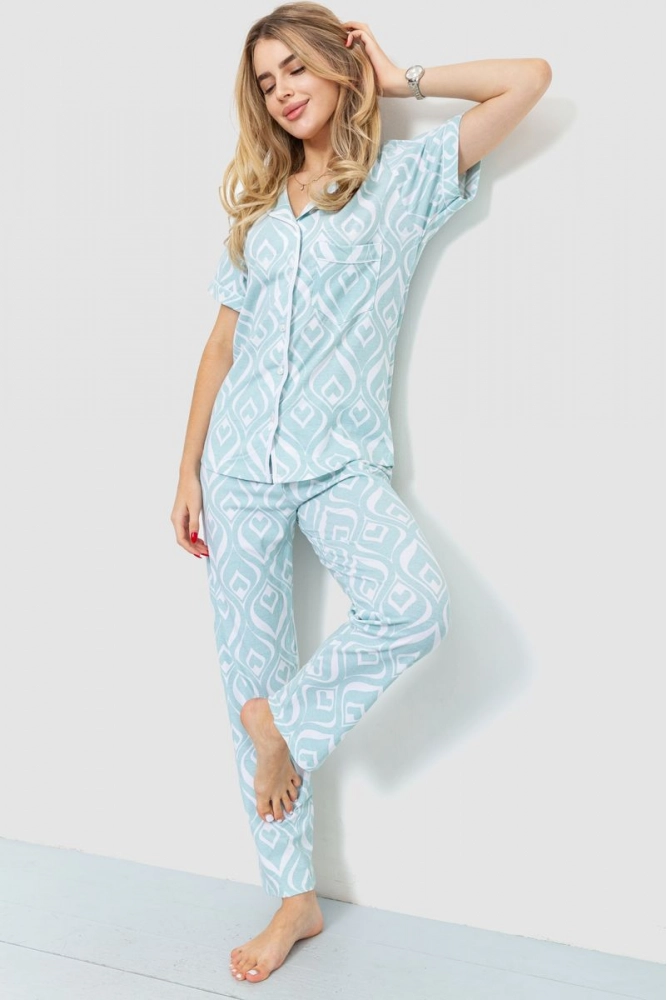 Купити Жіноча піжама на гудзиках з принтом, колір м'ятно-білий, 238R57109 - Фото №1