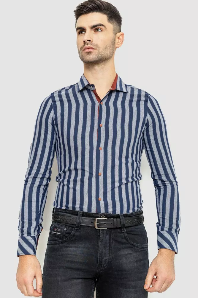 Купить Рубашка мужская в полоску байковая, цвет серо-синий, 214R61-95-001 оптом - Фото №1