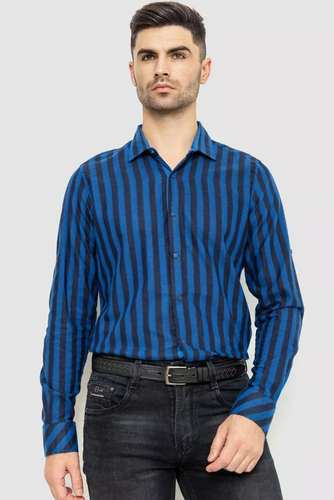 Купити Сорочка чоловіча в смужку байкова, колір синій, 214R61-95-001 - Фото №1
