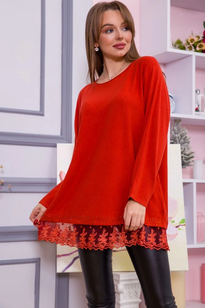 Купити Жіночий светр с мереживом внизу колір Теракотовий 131R5620 - Фото №1