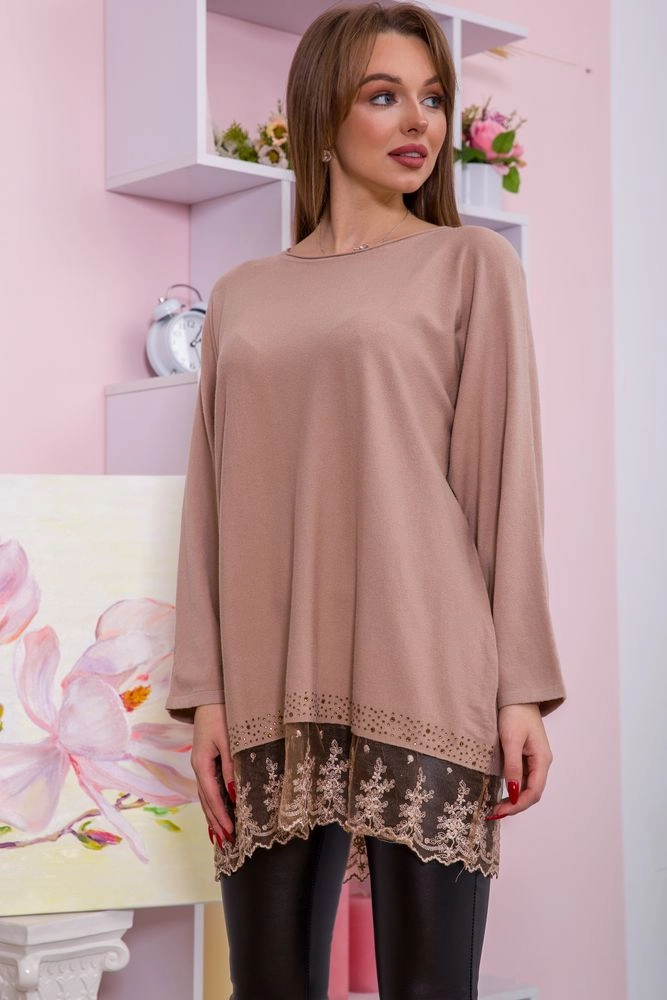 Купити Жіночий светр с мереживом внизу колір Бежевий 131R5620 оптом - Фото №1