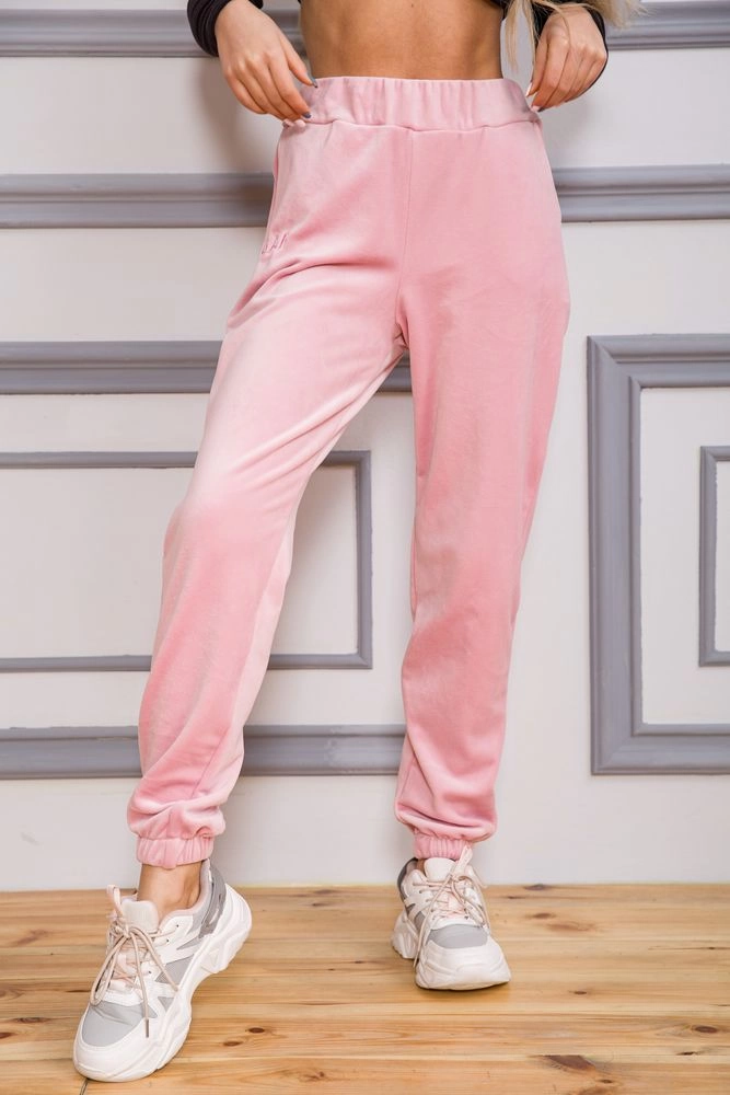 Купити Велюрові жіночі штани з манжетами рожевого кольору 177R201 - Фото №1