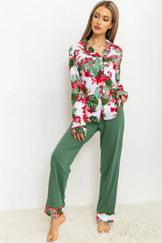 Купити Жіноча піжама на ґудзиках  -уцінка, колір біло-зелений, 219RP-143-U - Фото №1