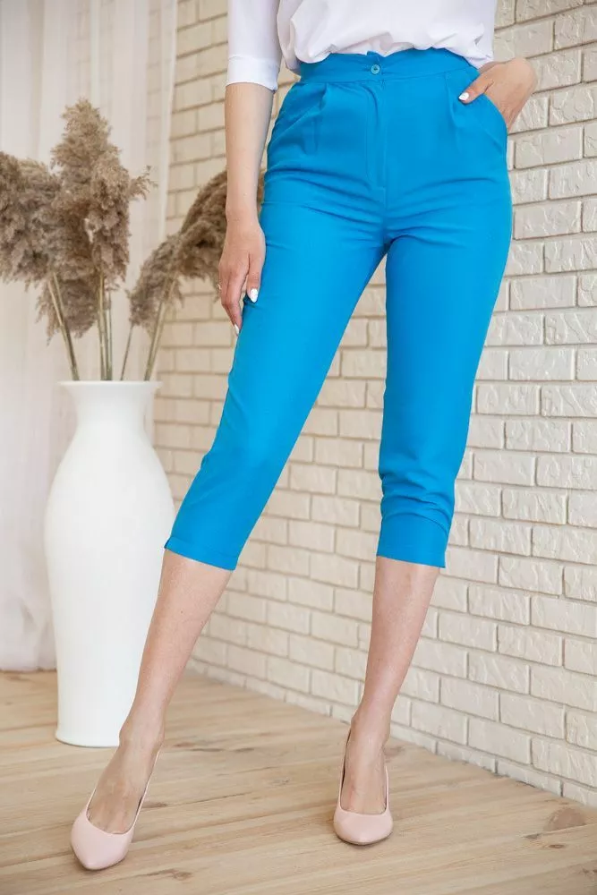 Купить Укороченные женские брюки, голубого цвета, 167R1586 - Фото №1