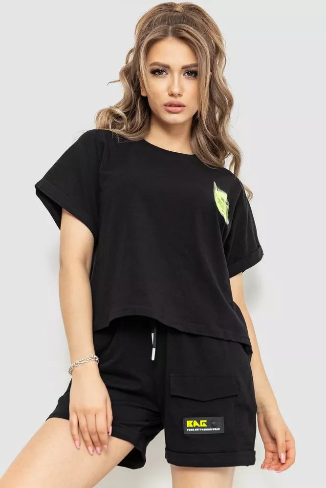 Купити Костюм жіночий повсякденний футболка+шорти, колір чорний, 198R2012 оптом - Фото №1