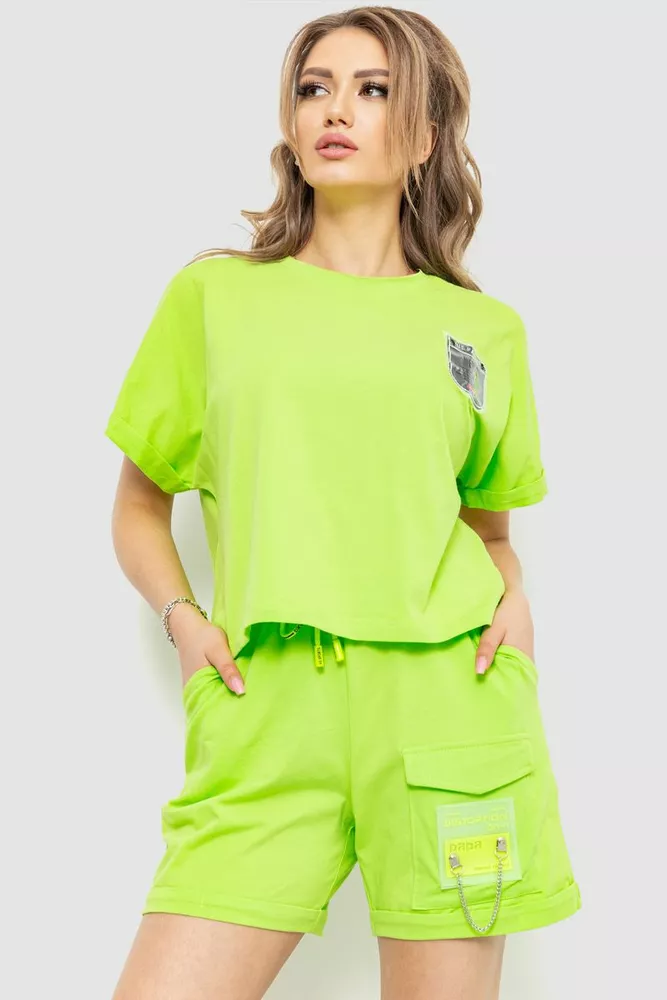 Купити Костюм жіночий повсякденний футболка+шорти, колір салатовий, 198R2012 - Фото №1