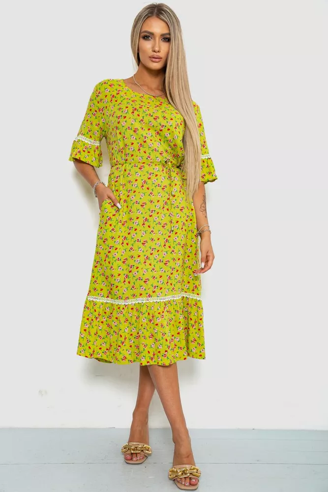 Купити Плаття з квітковим принтом, колір оливковий, 219RT-4105 - Фото №1
