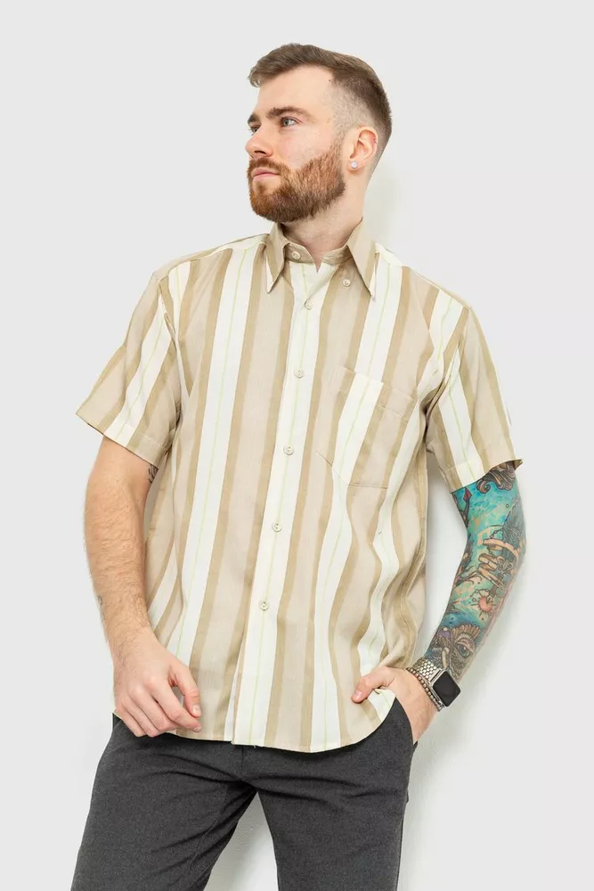 Купить Рубашка мужская в полоску, цвет бежево-зеленый, 167R0620 оптом - Фото №1