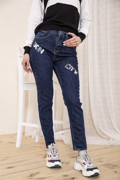 Женские прямые джинсы, темно-синего цвета с принтом, 164R1024-5