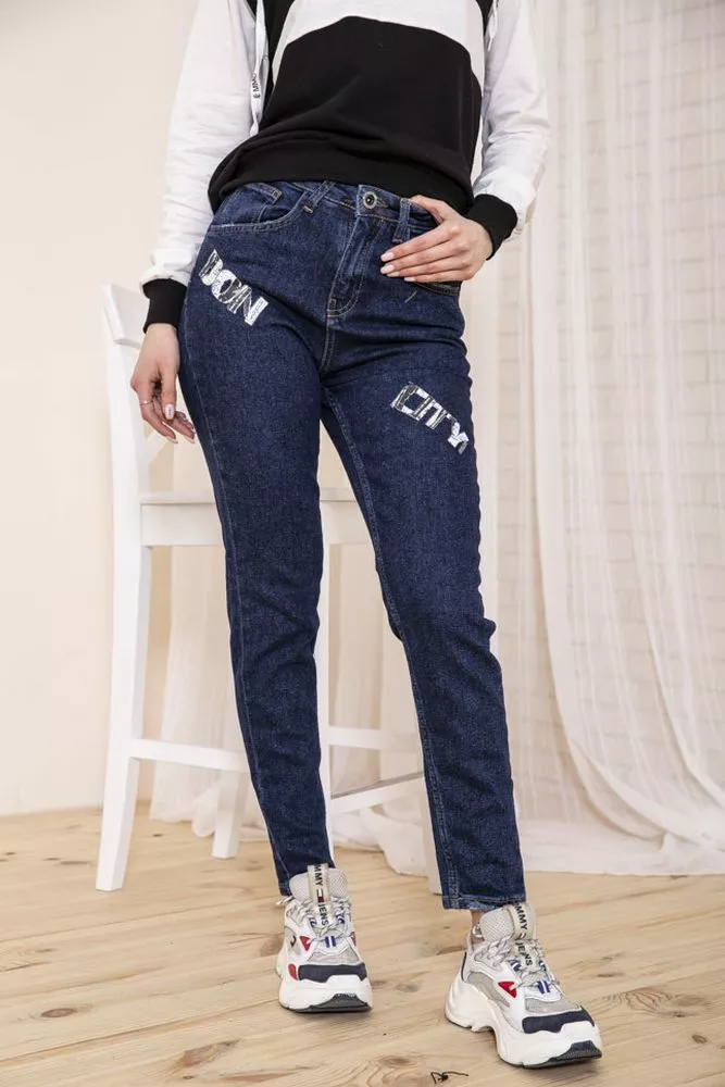 Купити Жіночі прямі джинси, темно-синього кольору з принтом, 164R1024-5 оптом - Фото №1
