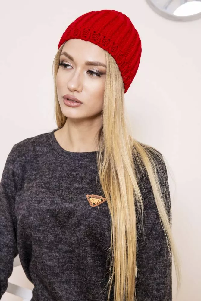 Купити Жіноча однотонна шапка, червоного кольору на осінь-зиму, 167R006 - Фото №1