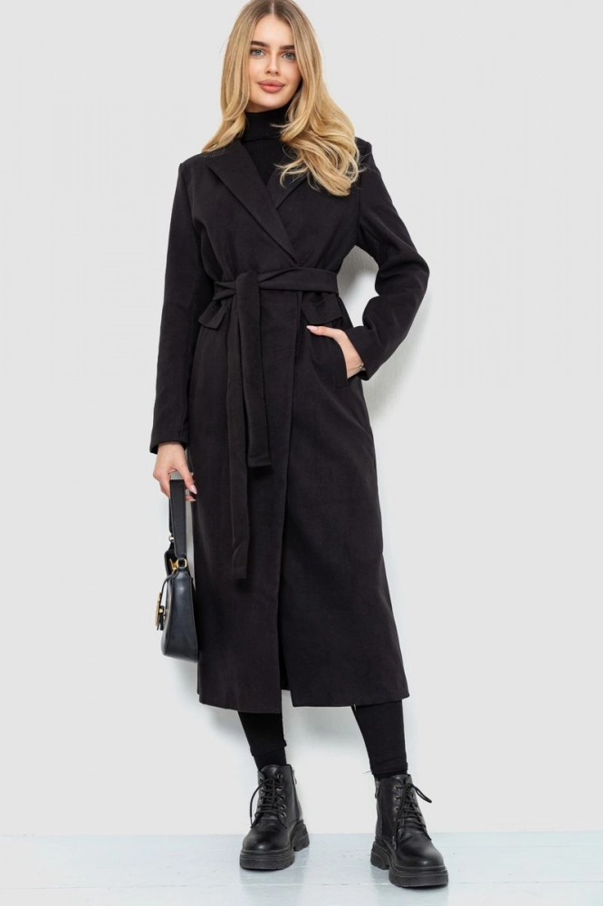 Купить Пальто классическое с поясом, цвет черный, 230R133 оптом - Фото №1