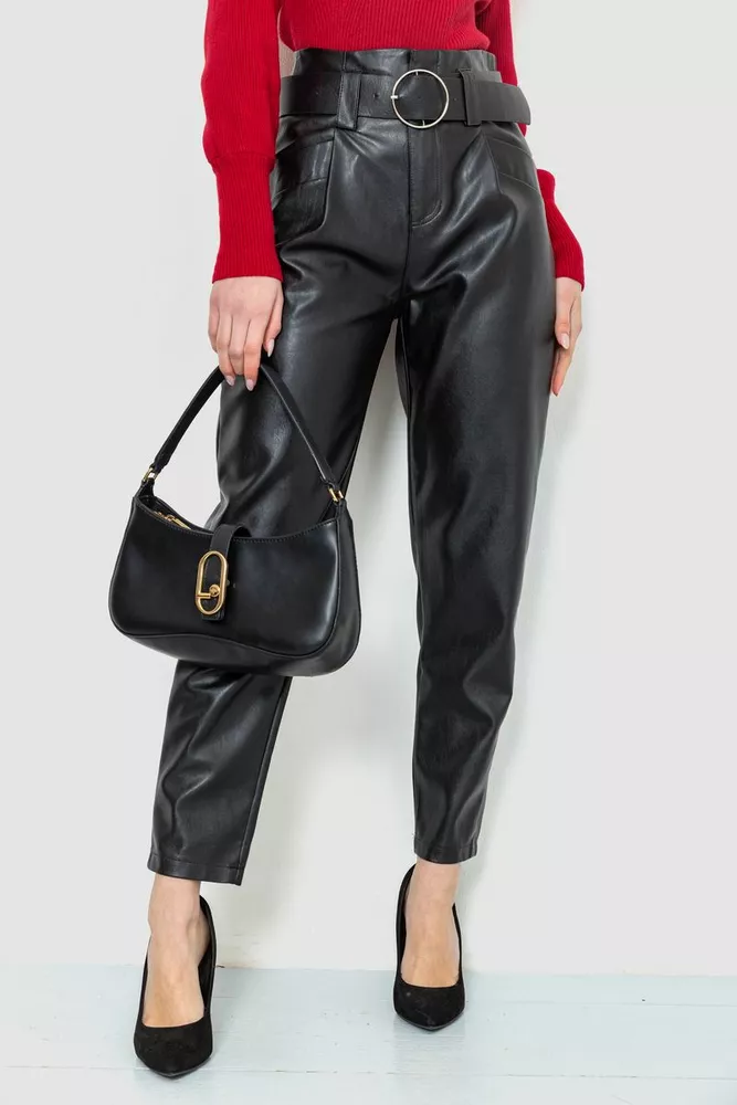 Купити Штани жіночі з екошкіри з ременем, колір чорний, 186R5929 - Фото №1