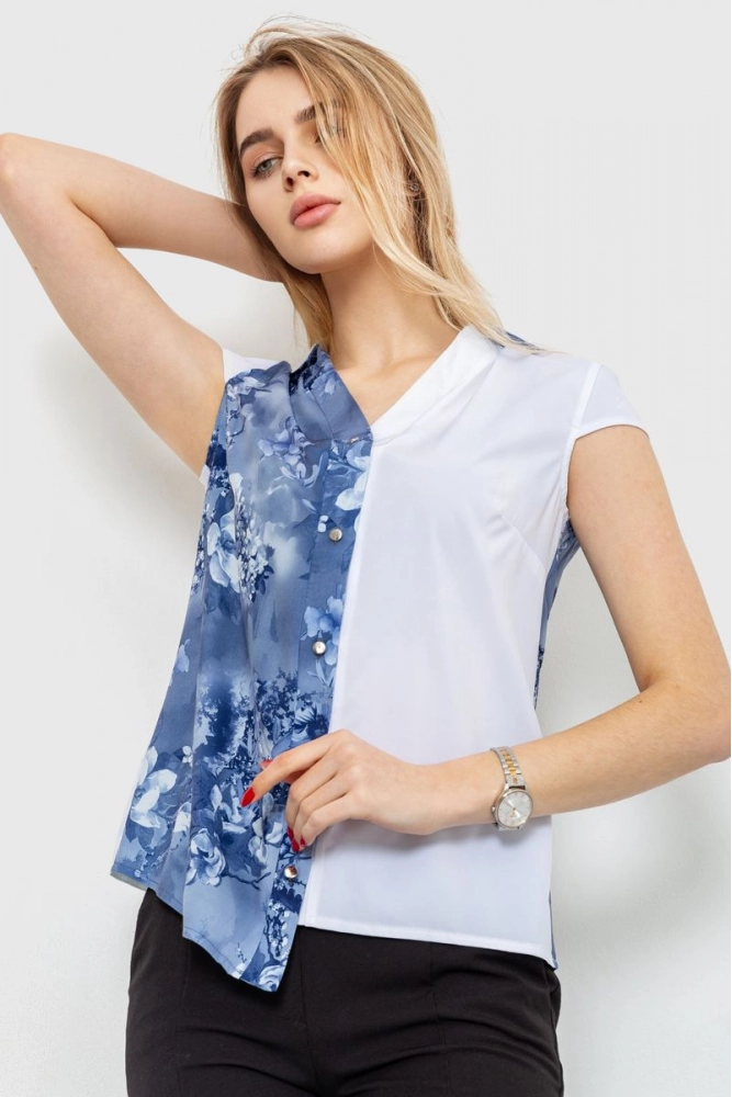 Купити Блуза з квітковим принтом  -уцінка, колір синьо-білий, 230R99-5-U-3 оптом - Фото №1