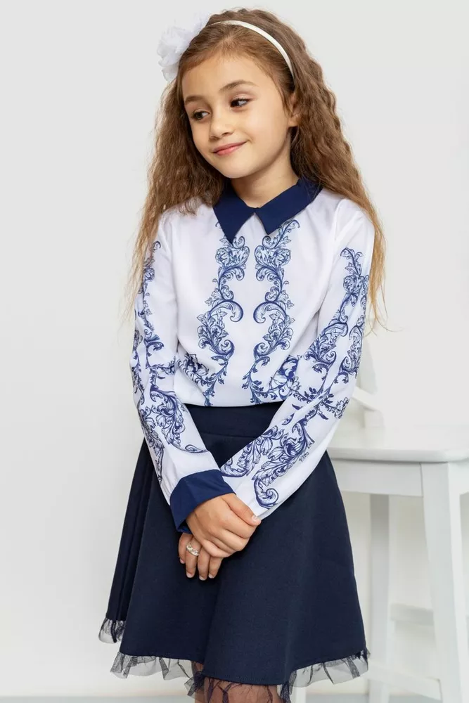 Купить Блуза для девочек нарядная, цвет сине-белый, 172R026 - Фото №1