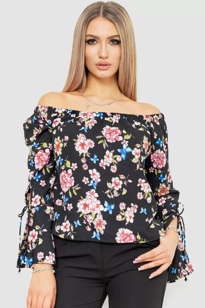 Купити Блуза з квітковим принтом, колір чорний, 244R6001 - Фото №1
