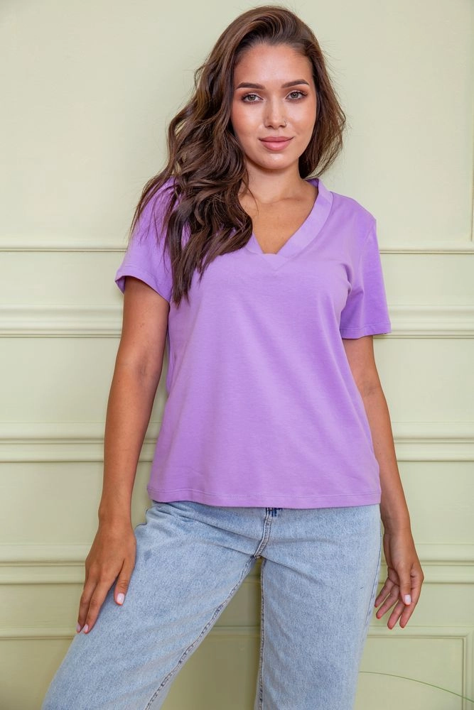 Купити Однотонна жіноча футболка бузкового кольору 102R205 оптом - Фото №1