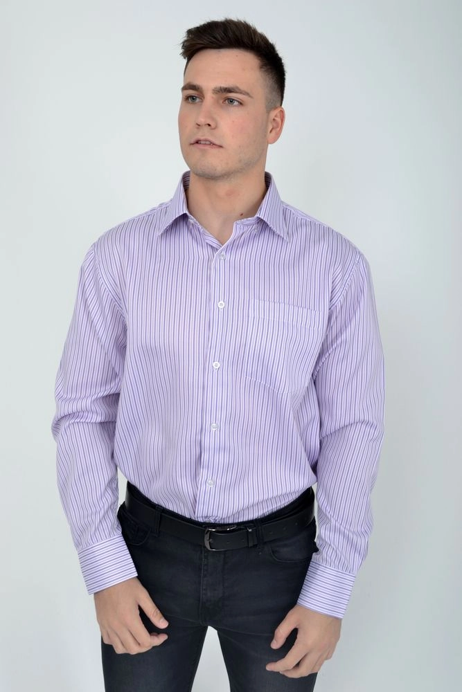 Купити Мужская рубашка в полоску с длинными рукавами сиреневая 22#LS оптом - Фото №1