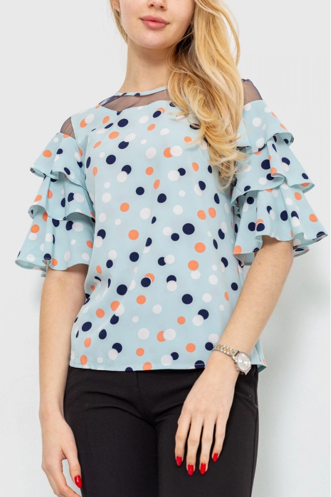 Купити Блуза в горох, колір бірюзовий, 230R151-7 - Фото №1