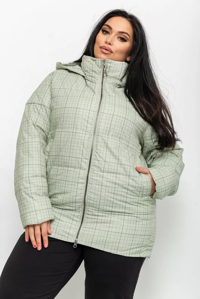 Купить Куртка женская в клетку  демисезонная  батал, цвет оливковый, 224RP036 - Фото №1