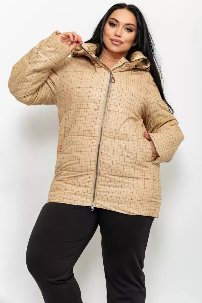 Купити Куртка жіноча в клітину демісезонна батал, колір бежевий, 224RP036 оптом - Фото №1