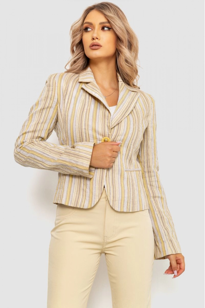 Купити Жіночий піджак в смужку, колір бежево-жовтий, 201R5180 - Фото №1