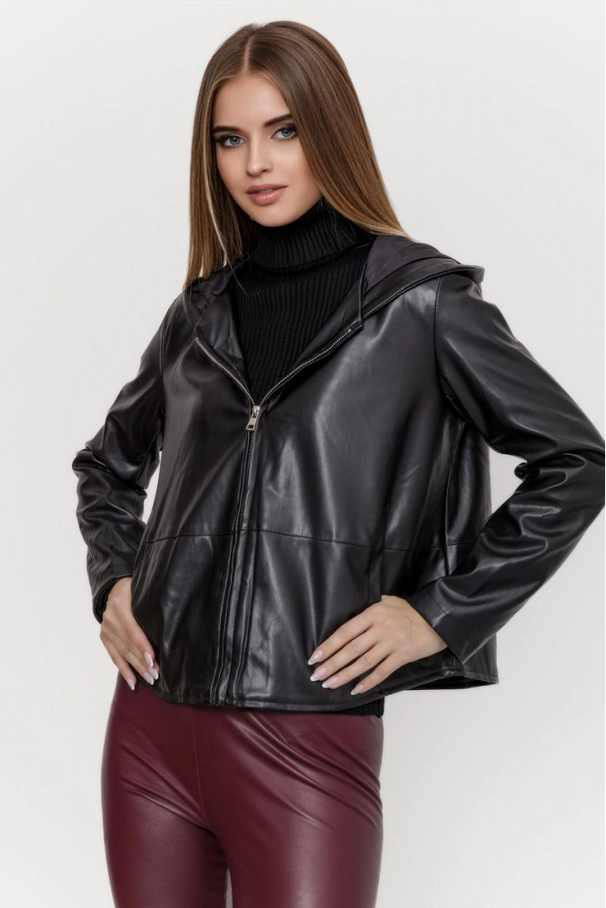 Купить Куртка-косуха женская с капюшоном, цвет черный, 131R111-1 оптом - Фото №1