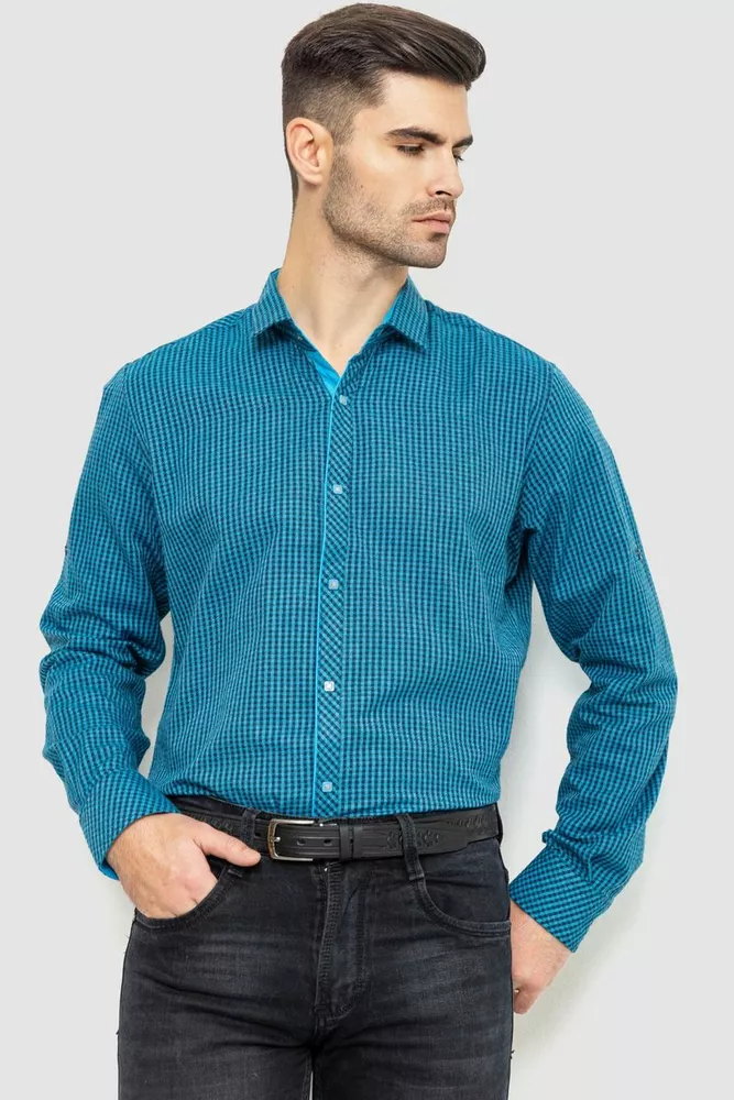 Купить Рубашка мужская в клеку байковая, цвет бирюзово-синий, 214R99-33-022 - Фото №1