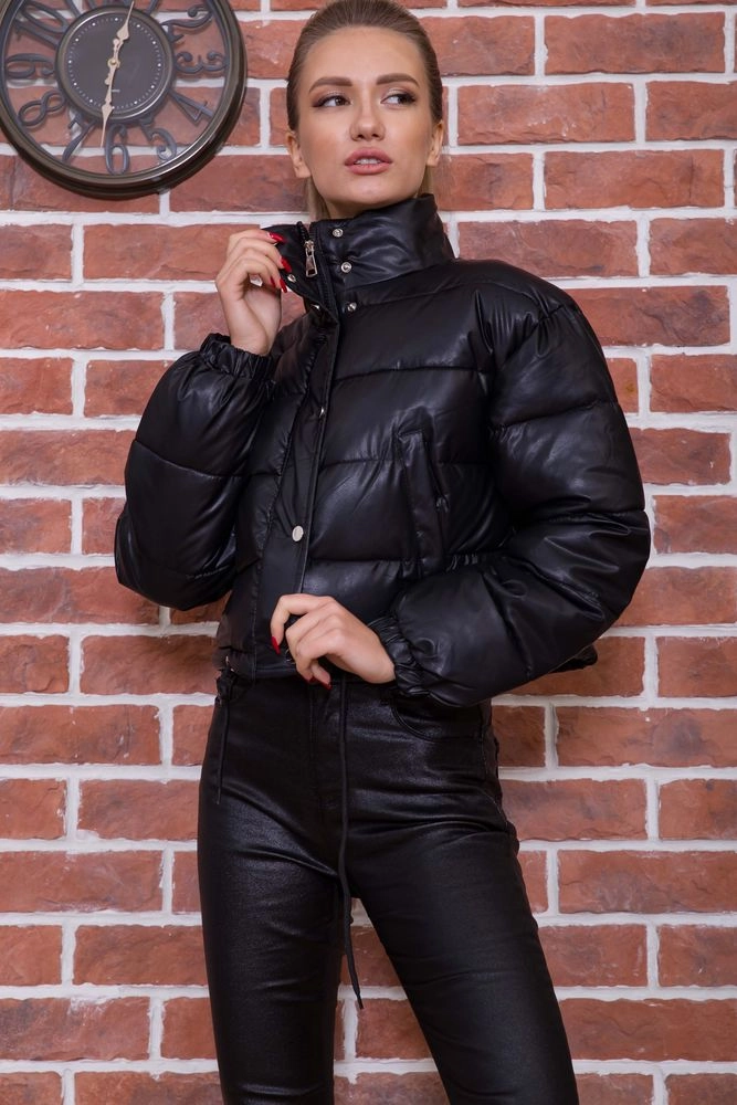 Купити Куртка жіноча коротка з екошкіри  - уцінка, колір чорний, 182R2806-U-2 - Фото №1