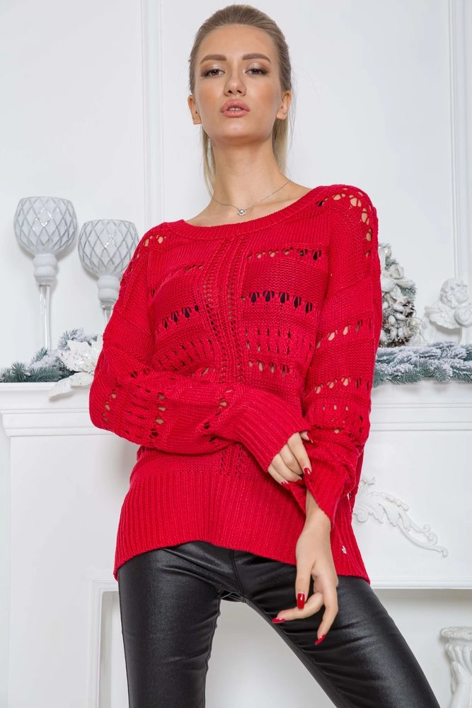 Купити В'язаний жіночий светр червоного кольору 131R2683 оптом - Фото №1