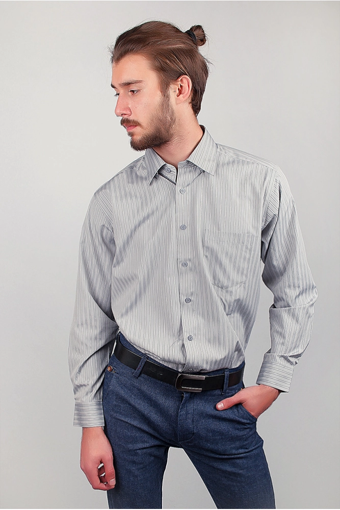 Купить Рубашка мужская серая в полоску, цвет серый, 872-18 - Фото №1